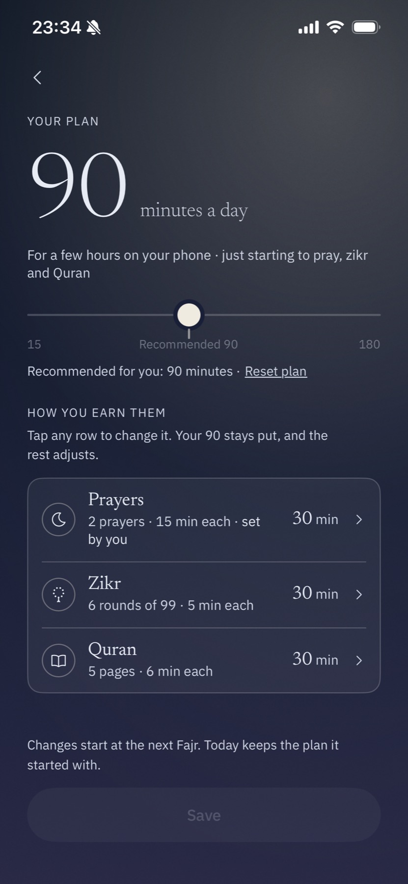 Junna plan screen: 90 minutes a day, earned through prayers, zikr and Quran